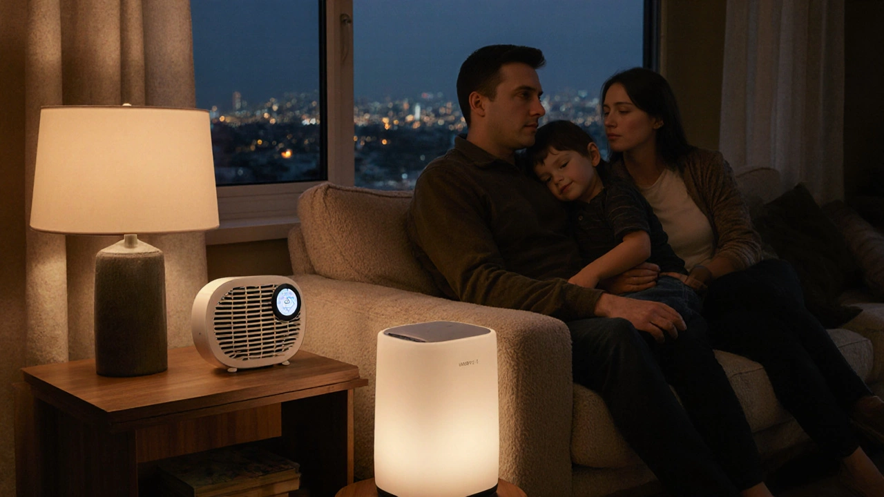A family in a cozy living room with a HEPA air purifier and MERV 11 filter, indicating smart air quality management.