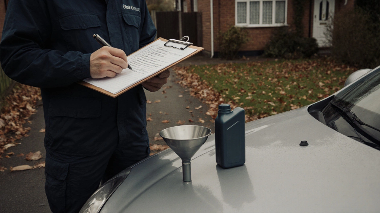 Car owner with a clipboard and funnel beside a car, preparing to add oil.