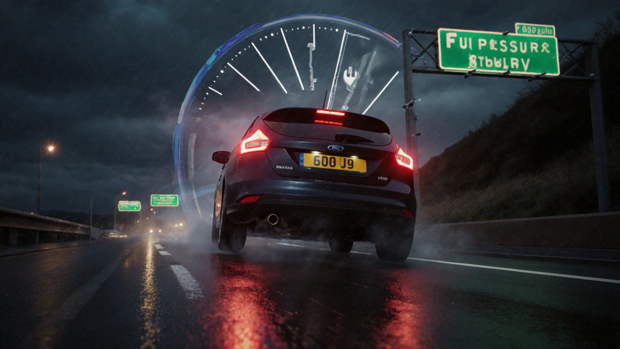 Car struggling uphill on motorway with visual pressure drop overlay.