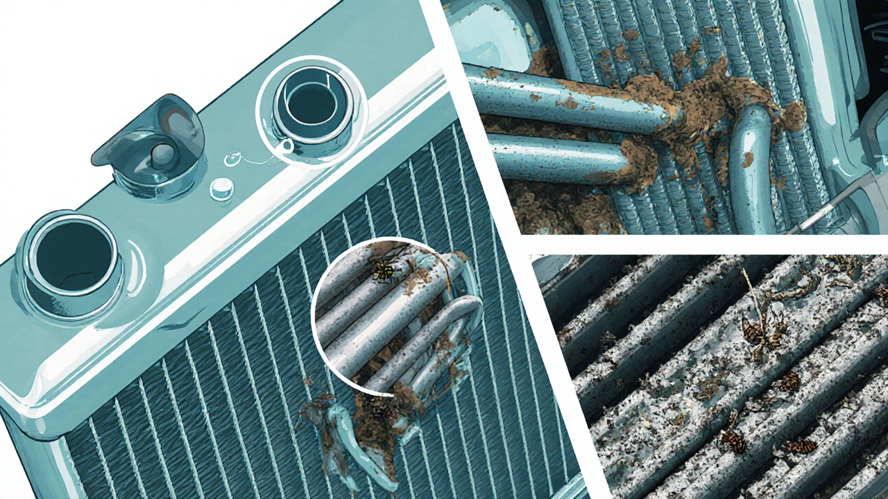 Close‑up view of radiator core showing leak, corrosion, and clogged fins.
