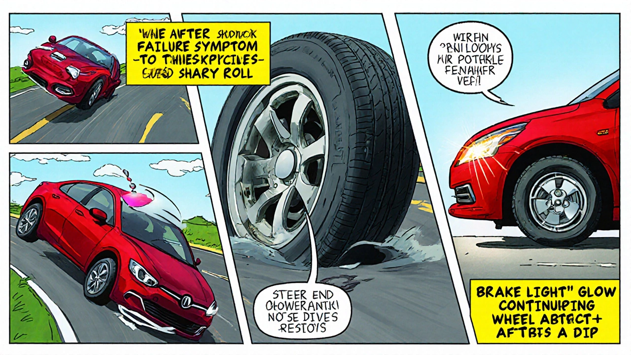 Comic panels showing car lean, tire wear, pothole clunk, brake dive, steering vibration, and bouncing.