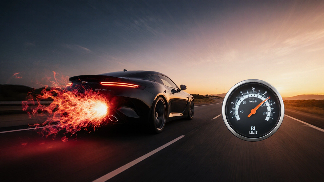 Coupe on a sunrise road, tailpipe flame turning into sound waves.