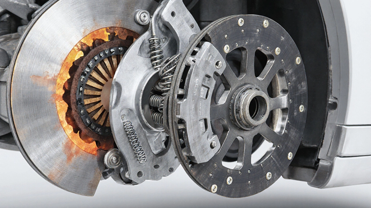 Cutaway view of clutch disc, pressure plate, and oily flywheel showing wear and heat.