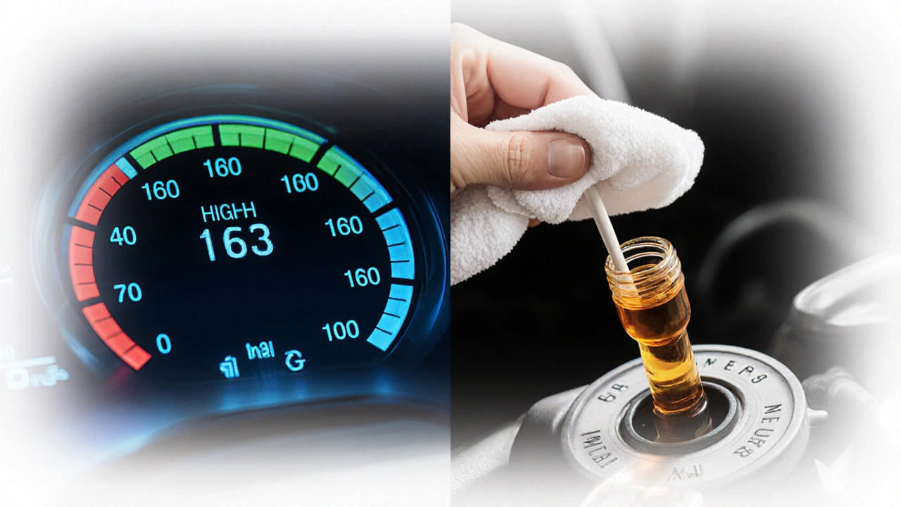 Digital oil gauge bar alongside a dipstick being checked, oil level between marks.