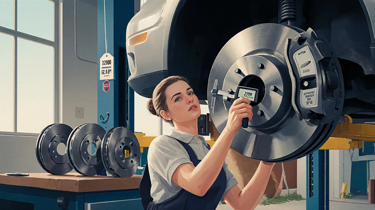 Driver measuring rotor thickness next to new aftermarket rotors on a garage bench.