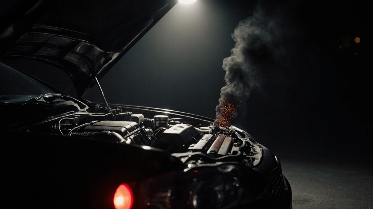 Engine bay at night with red oil‑pressure warning light, metallic ringing visualized, and thick exhaust smoke.