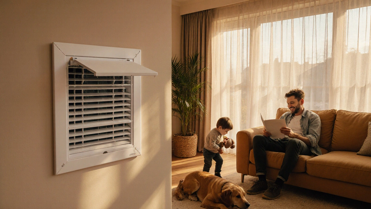 Family relaxing in a bright living room with a vent indicating a new MERV 11 filter.