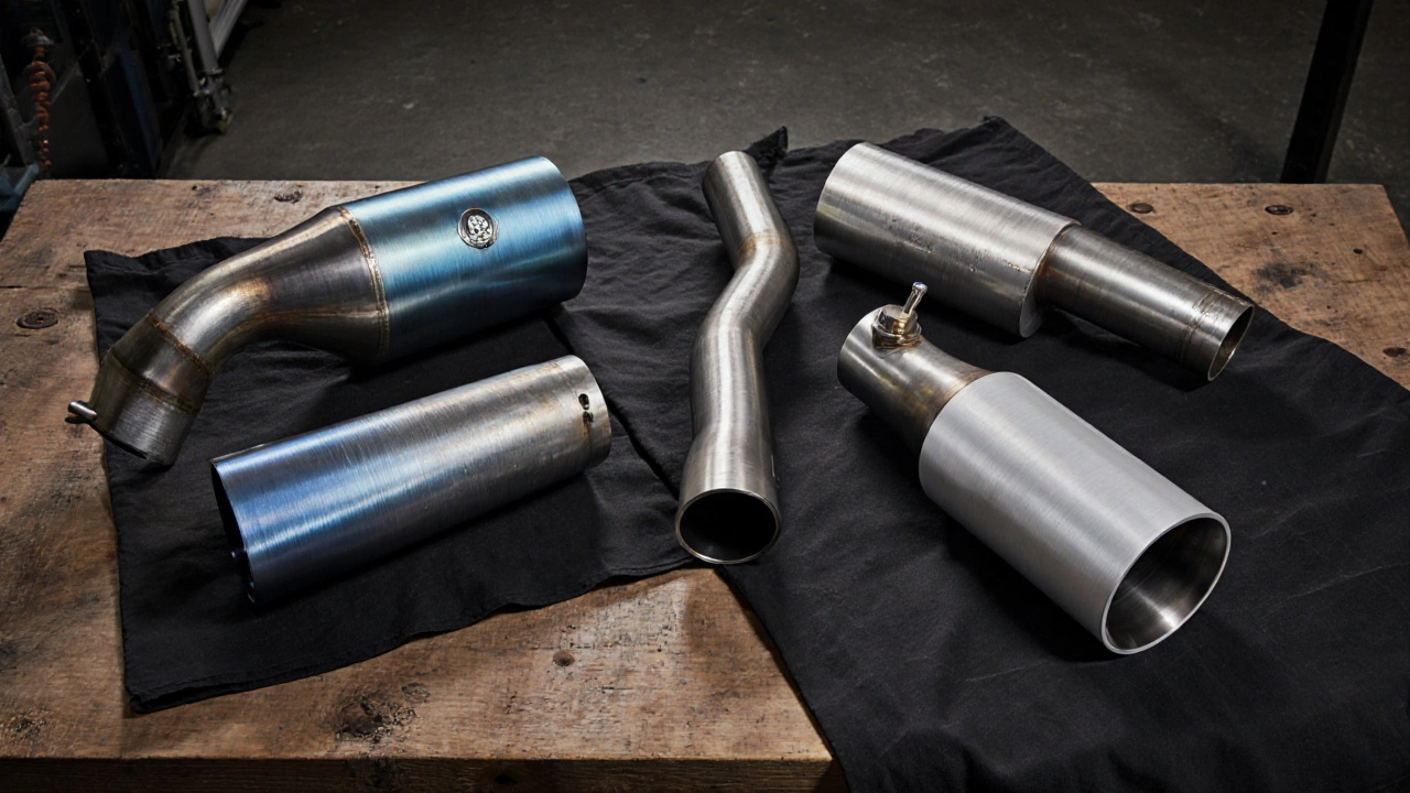 Five aftermarket exhaust parts on a workshop bench showing stainless, titanium, and aluminized steel finishes.