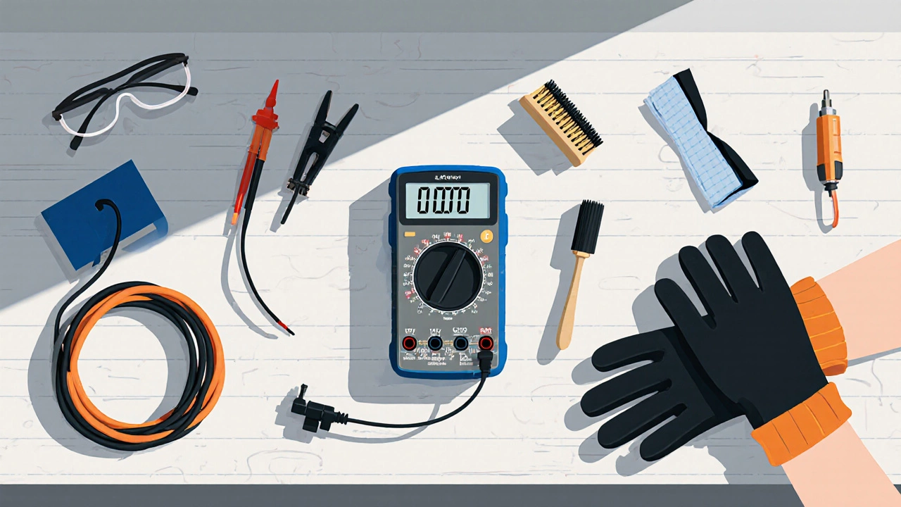 Flat illustration of multimeter, load tester, gloves, goggles, brush, charger, and rag on a bench.