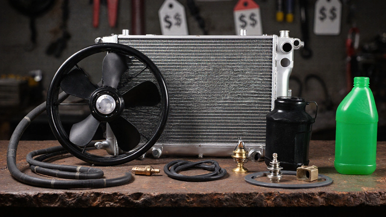 Flat lay of radiator parts and coolant bottle on a garage bench.