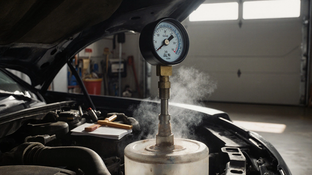 Fuel pressure gauge showing low reading connected to engine fuel rail.