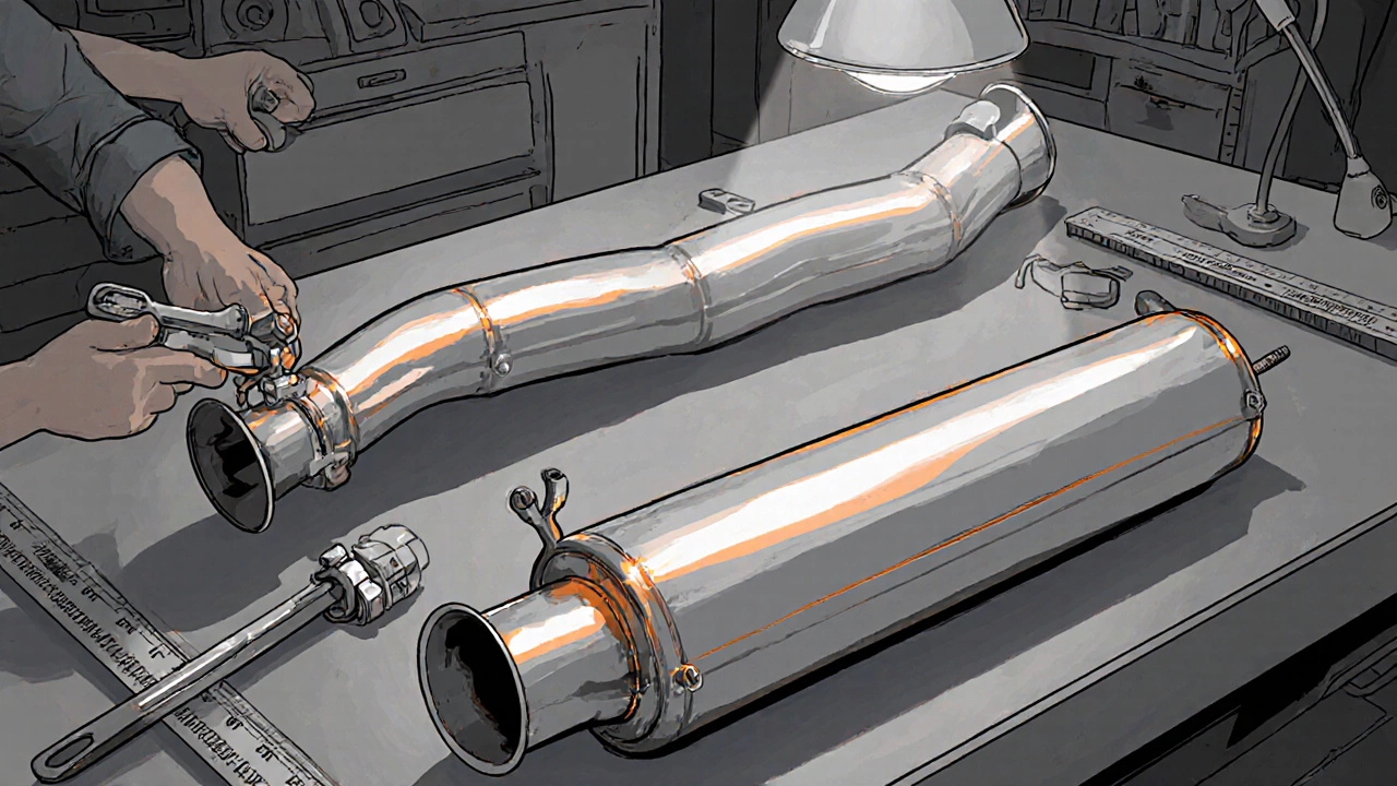 Garage scene with exhaust pipes, muffler, and resonator delete parts.