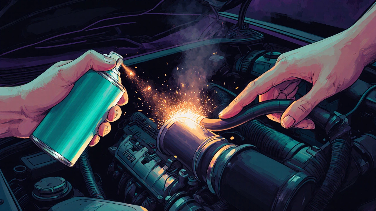 Hand spraying starting fluid into an engine's air‑intake tube, mist visible.