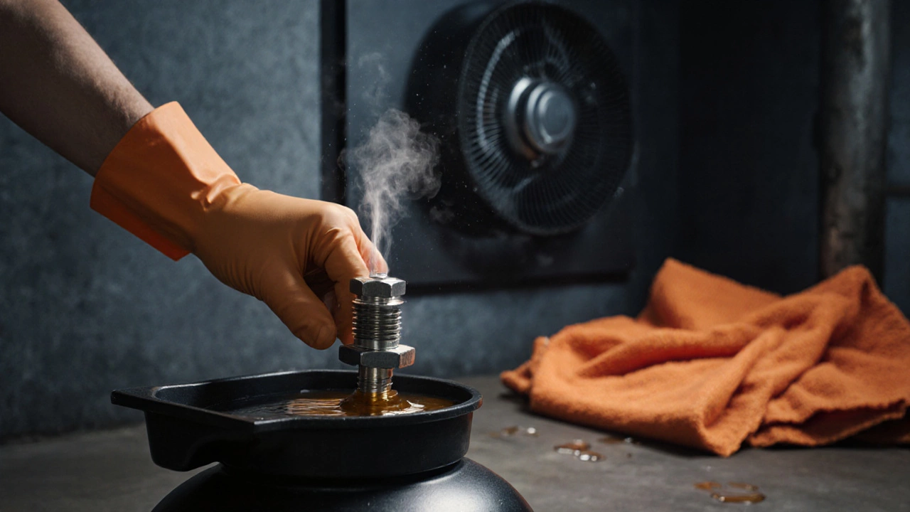 Hand turning a fuel pump pressure relief plug with vapor and spill pan visible.