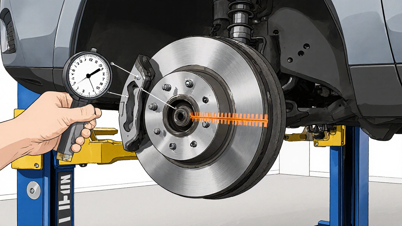 Illustration of a technician measuring rotor thickness with a micrometer at three points.