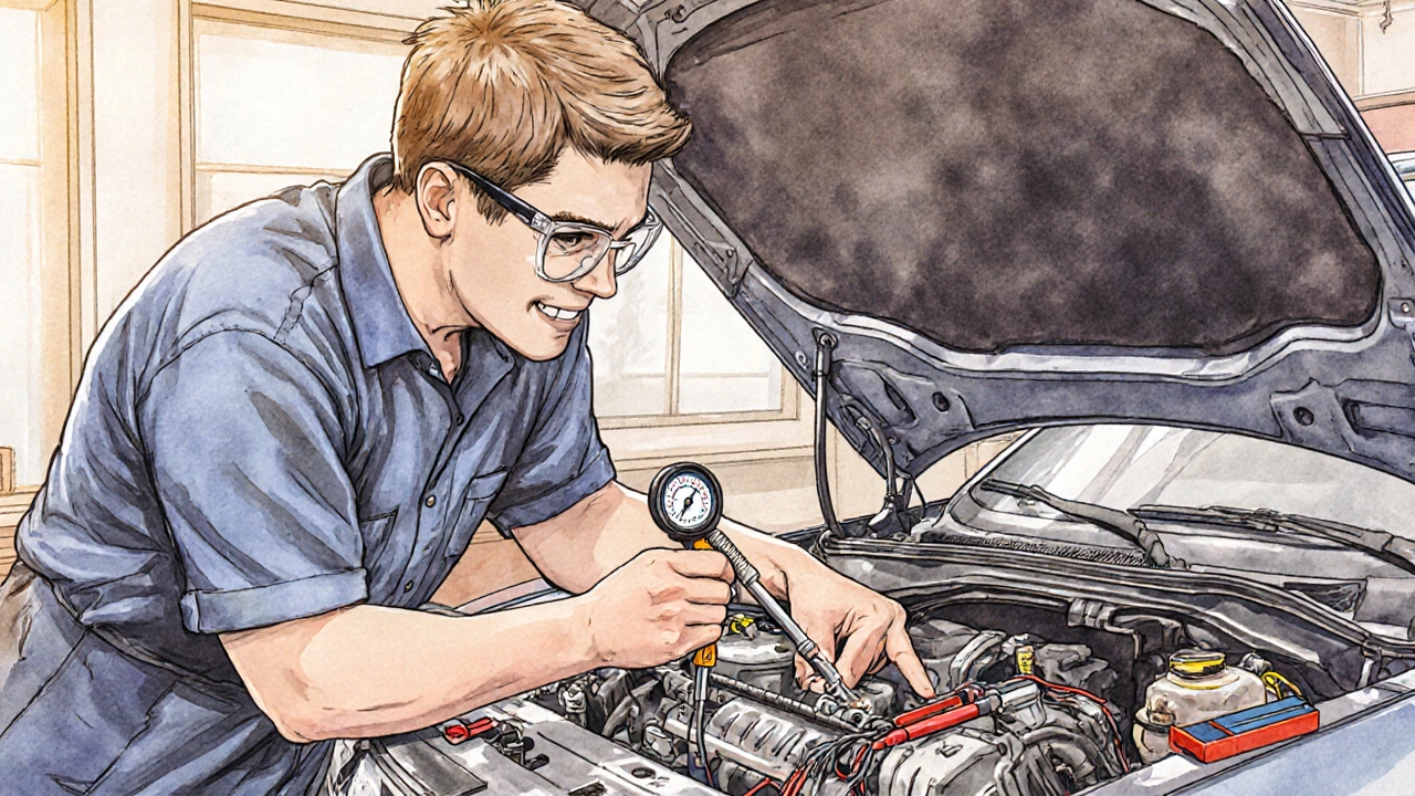 Mechanic attaching a fuel pressure gauge and listening to the fuel tank with a stethoscope.