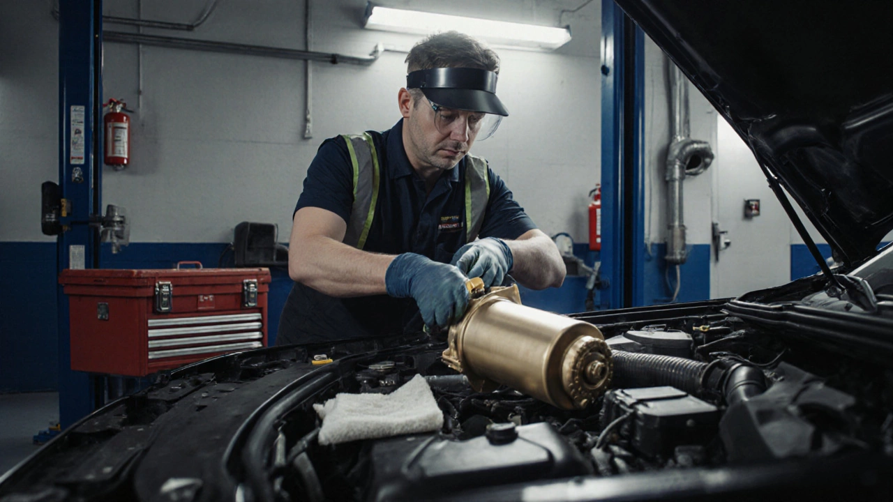 Mechanic in a garage replacing a car's in‑tank fuel pump with safety gear.