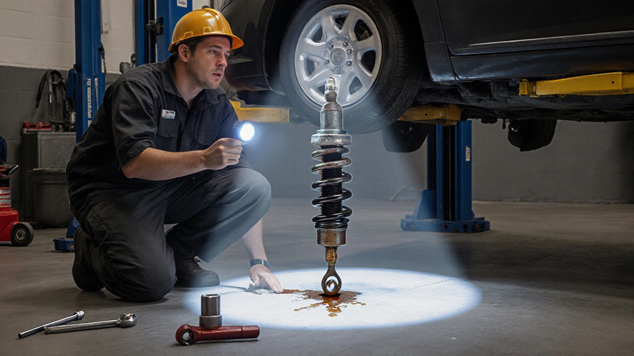 Mechanic inspects a leaking shock under a lifted car and replaces it with a new one.