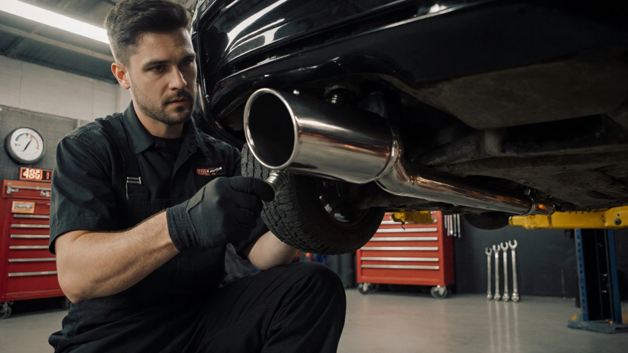 Mechanic installing a stainless cat-back exhaust on a car in a garage with tools and a decibel meter.