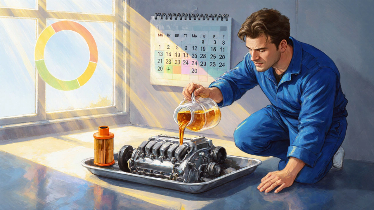 Mechanic pouring fresh oil into engine beside a new filter and a calendar reminder in a sunny garage.