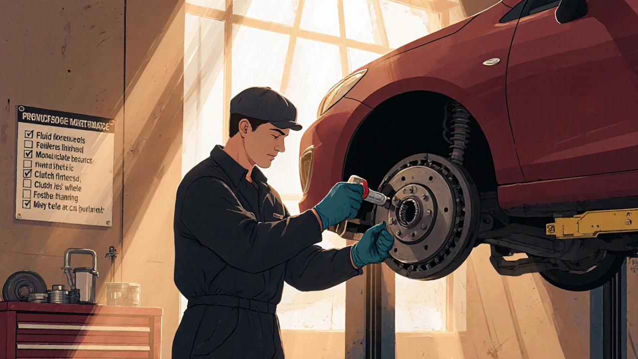 Mechanic replaces clutch kit on a car in a bright garage, using torque wrench.