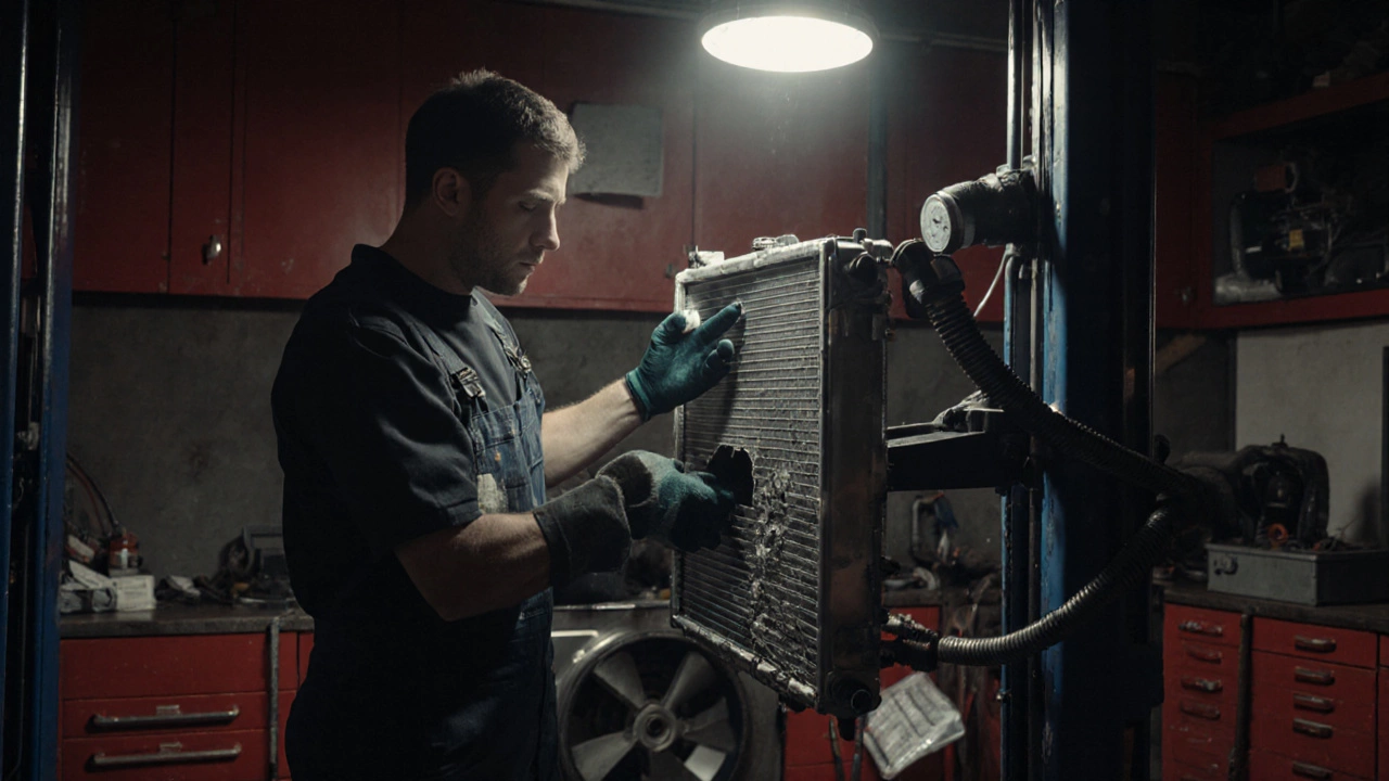 Mechanic testing a radiator with pressure gauge in a garage.
