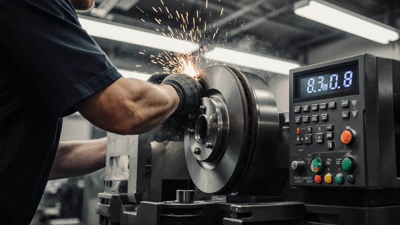 Mechanic using a lathe to resurface a brake rotor, with sparks and digital readout.