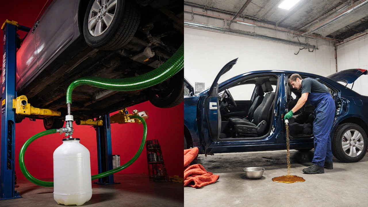 Side‑by‑side garage scenes showing empty‑tank drain versus partial‑drain pump replacement.