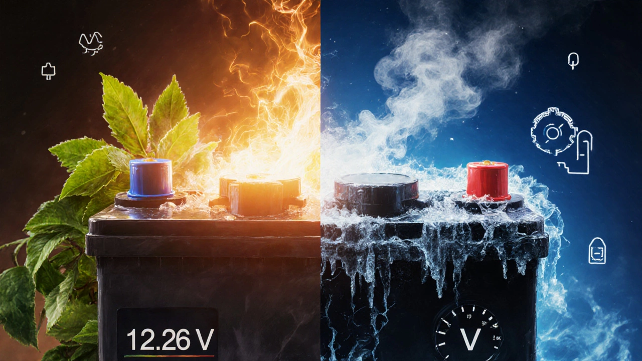 Split scene comparing a healthy glowing battery with a cracked, leaking battery in cold surroundings.