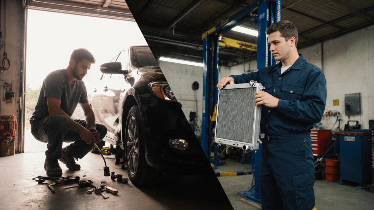 Split scene of DIY radiator removal versus professional installation.