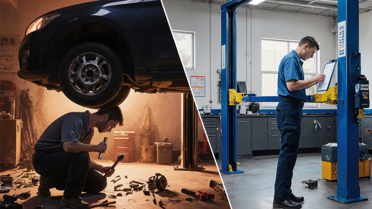 Split scene showing a DIY garage on the left and a professional service bay on the right.