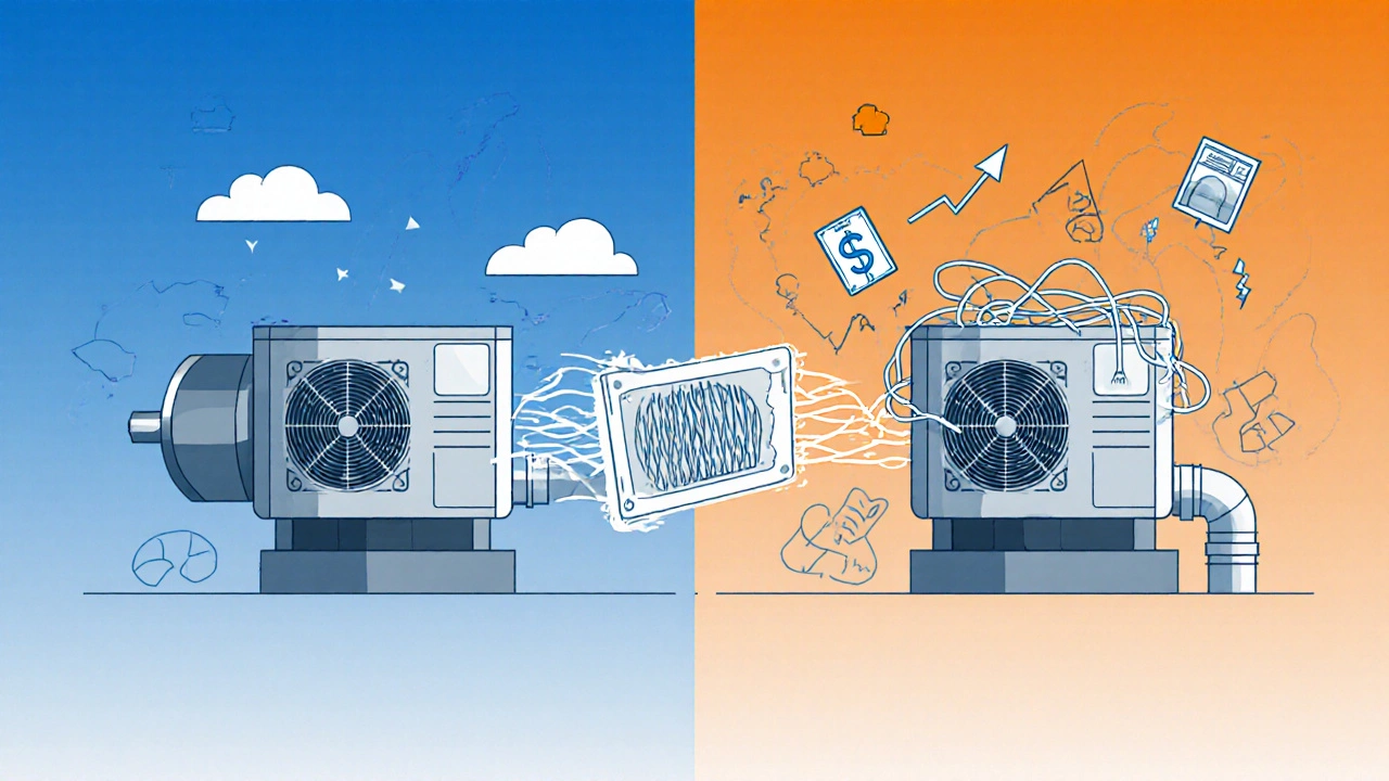 Split-screen visual comparing efficient and strained HVAC systems using MERV 13 filters with symbolic energy and damage icons.