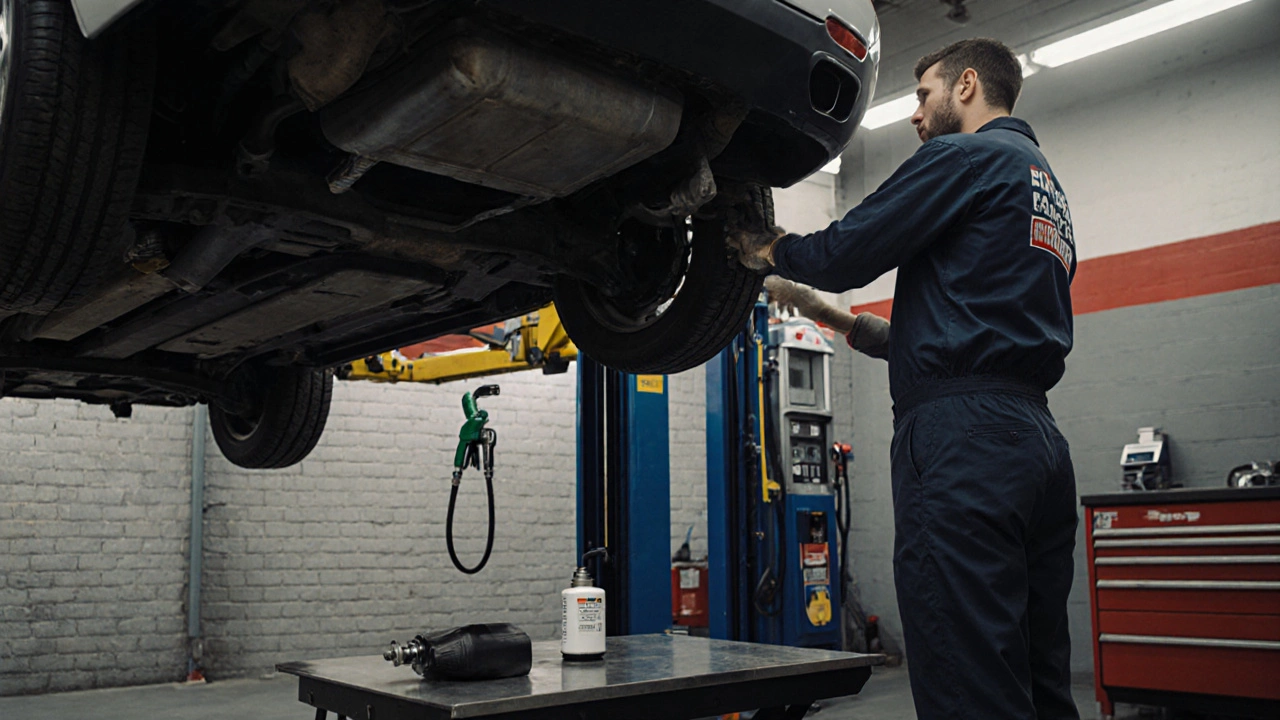 Technician removing a fuel tank and installing a new electric fuel pump in a garage.