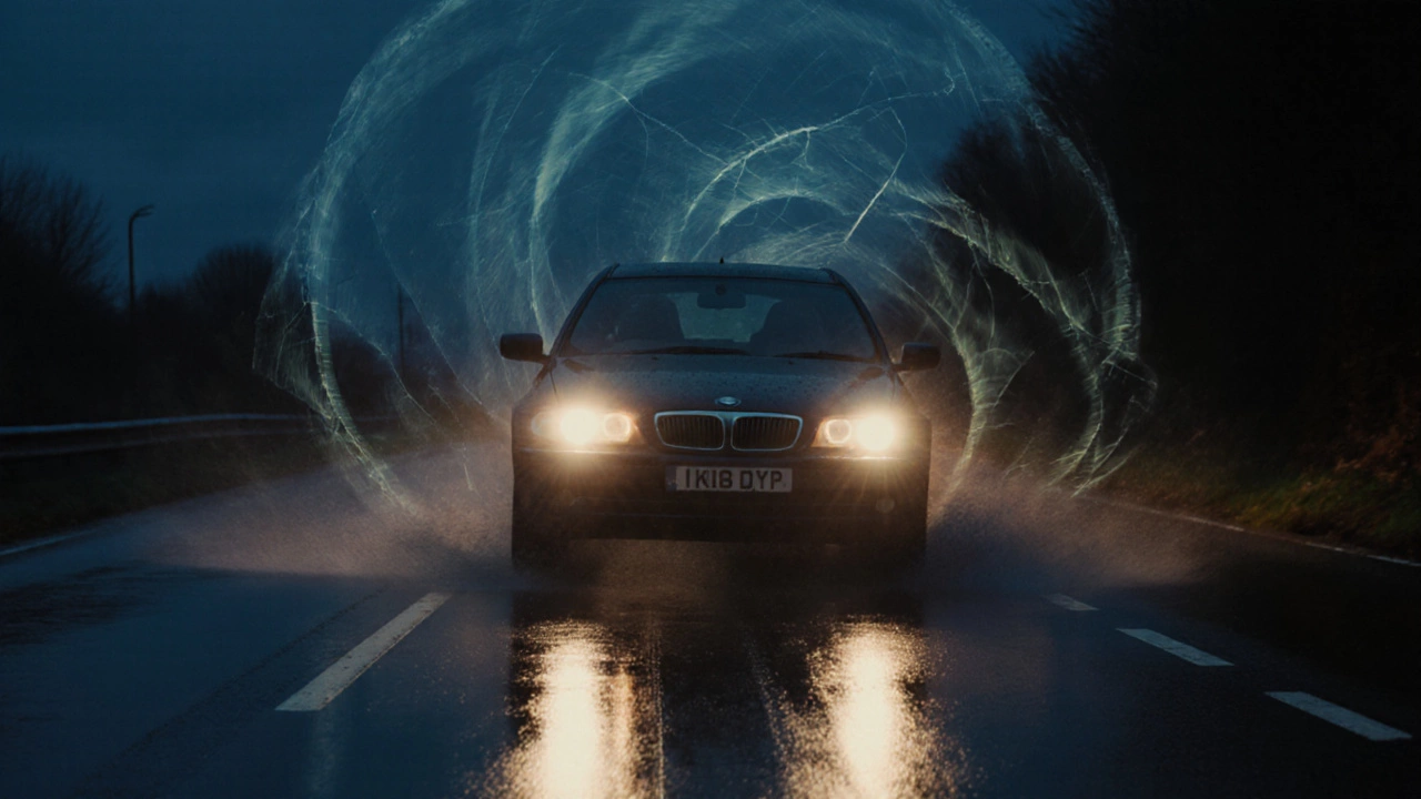 A car skidding on a wet road at night, losing control due to brake failure.