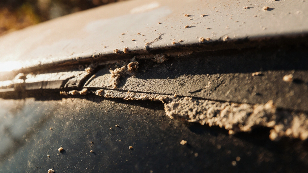 Close-up of a cracked and brittle wiper blade with worn rubber edges.