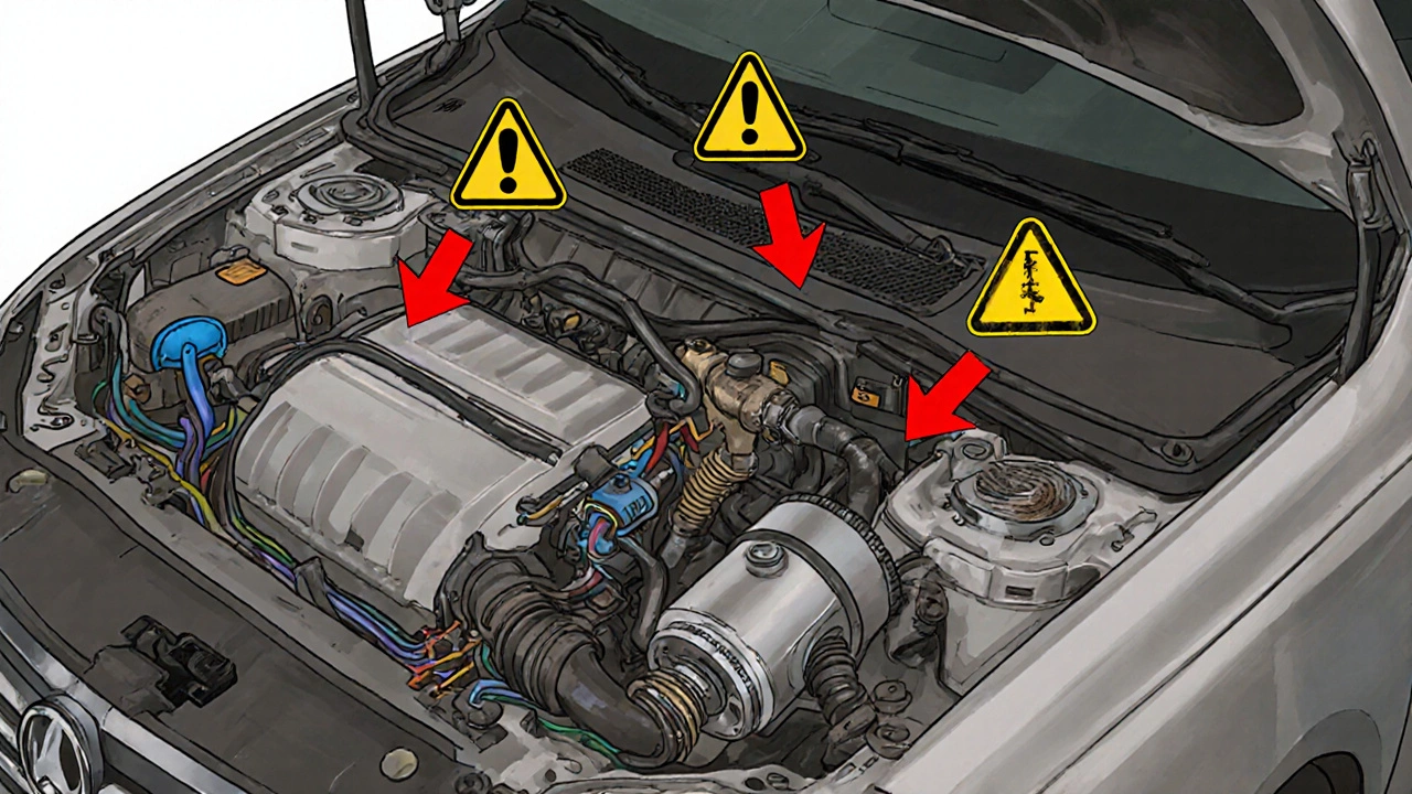 Cross-section of a car&#039;s fuel system showing low pressure and error codes near a failing fuel pump.