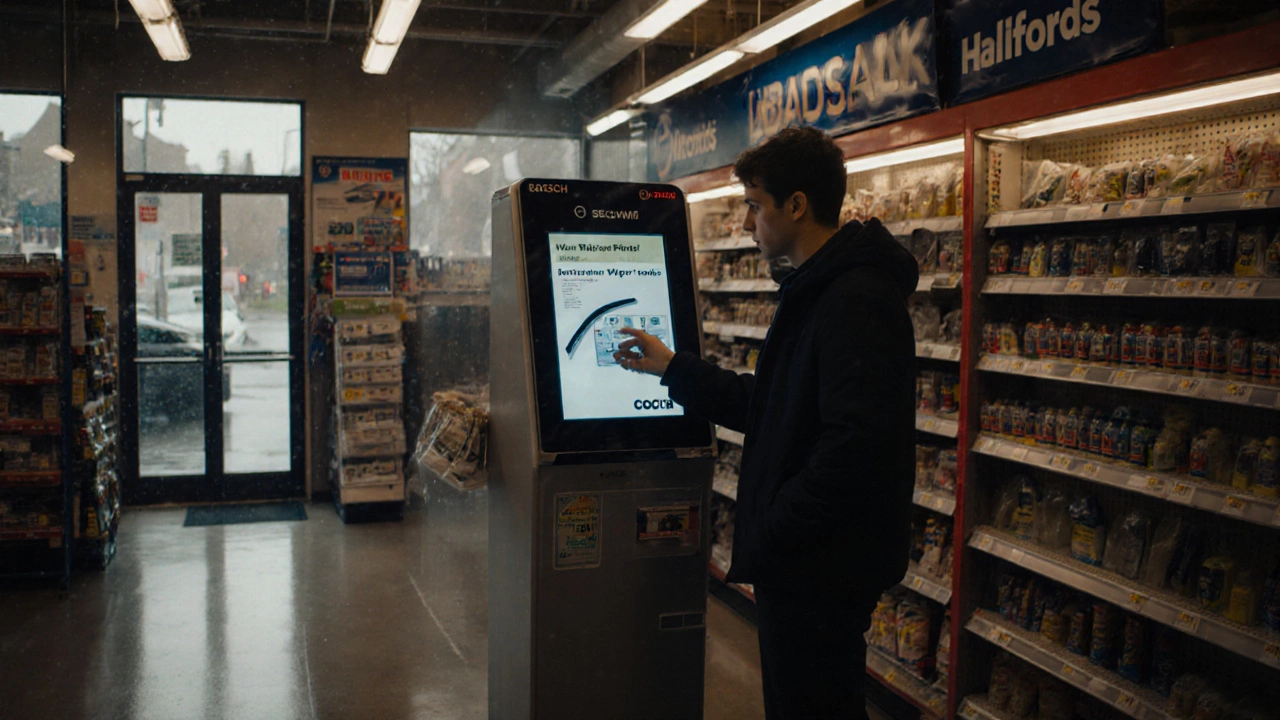 Customer using a store kiosk to select correct wiper blades for their car in a UK auto shop.
