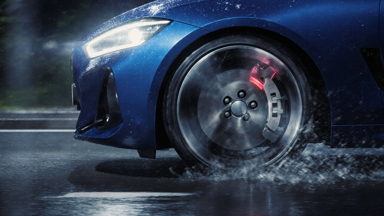 Driver experiencing steering wheel vibration while braking on a wet road at night.