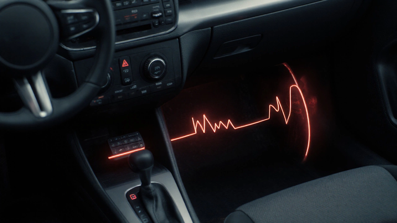 Driver pressing brake pedal while red warning line indicates rear brake wear issue.