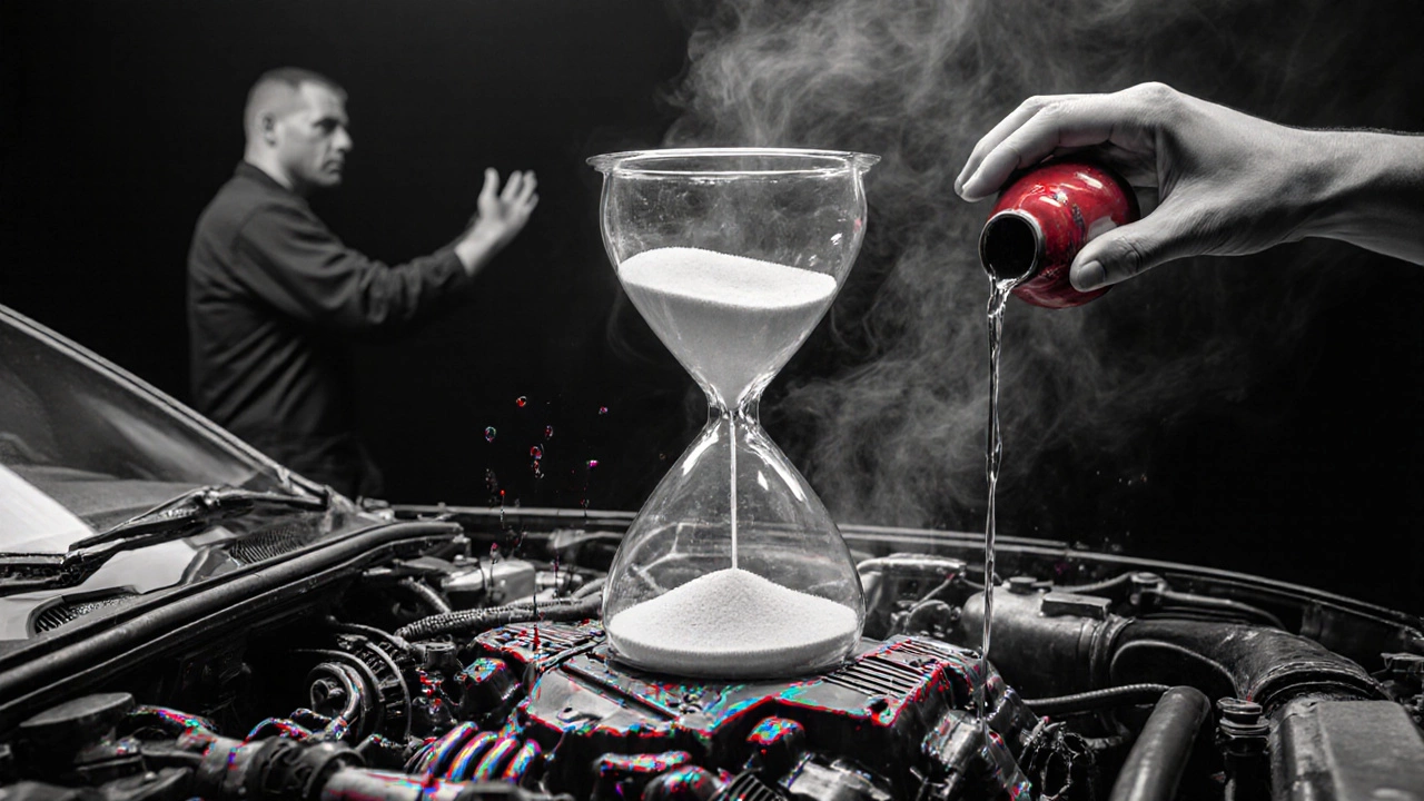 Engine as an hourglass draining oil into a cracked block.