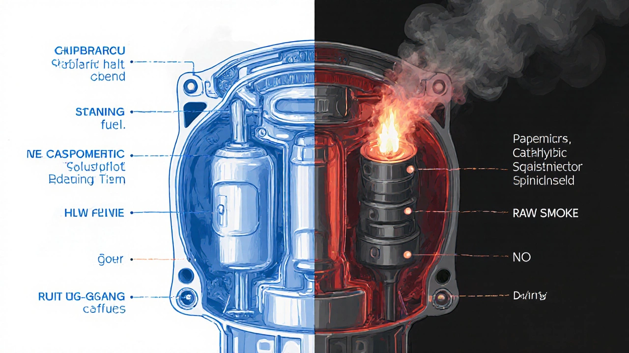 Engine cross-section showing clean combustion vs. unburned fuel causing smoke and catalytic converter damage.