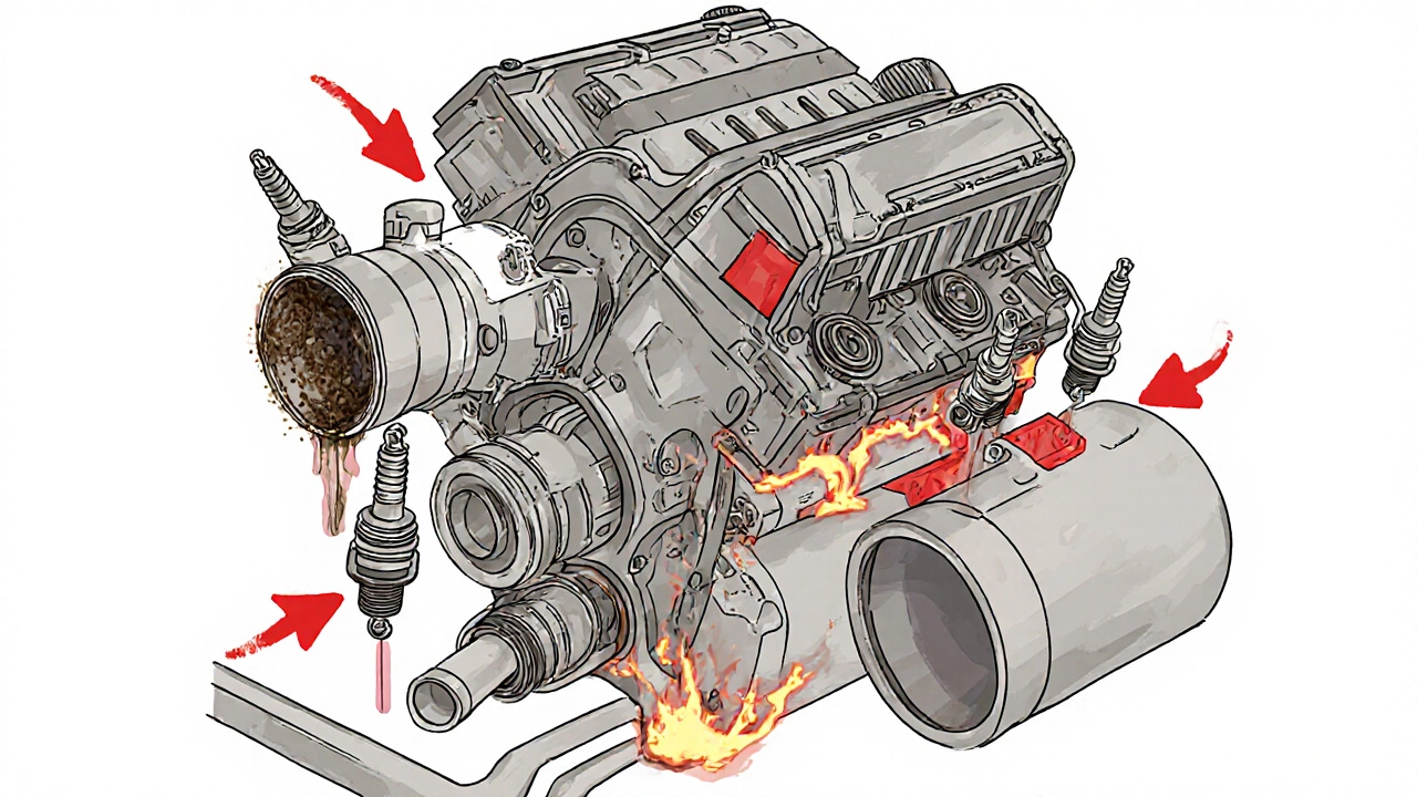 Engine cross-section showing damaged spark plugs and overheated catalytic converter