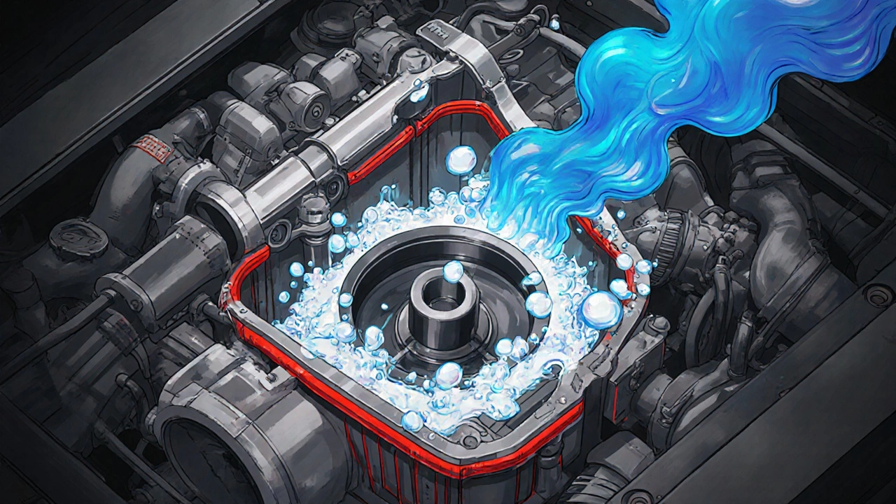 Engine cross-section showing oil foam and overfill damage.