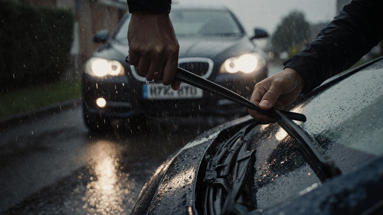 Hands replacing old wiper blades on a car in a rainy driveway.