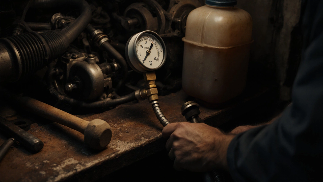 Mechanic measuring fuel pressure with a gauge, reading dangerously low levels in a dim garage.