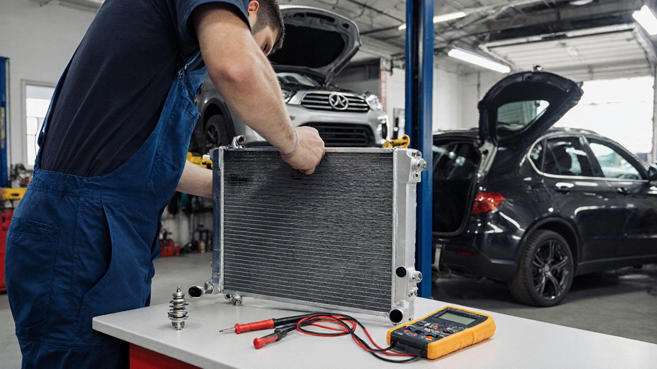 Mechanic replacing a radiator in a garage with tools and new parts nearby.