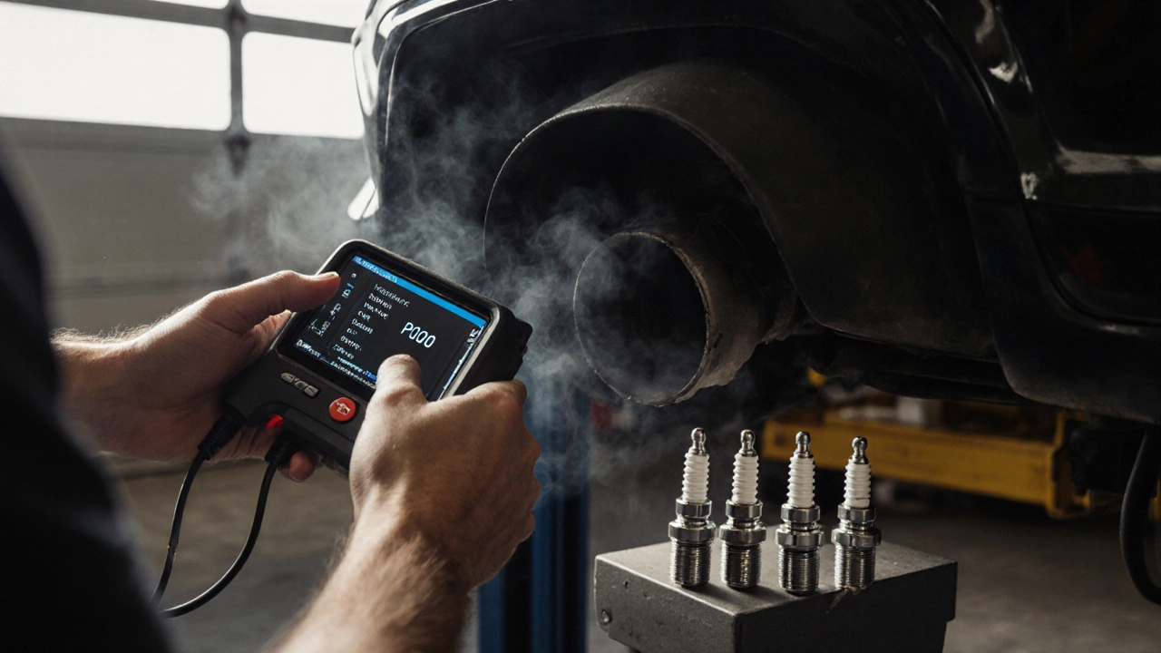 Mechanic replacing spark plugs in a Honda Civic as black smoke exits tailpipe and diagnostic code is visible.