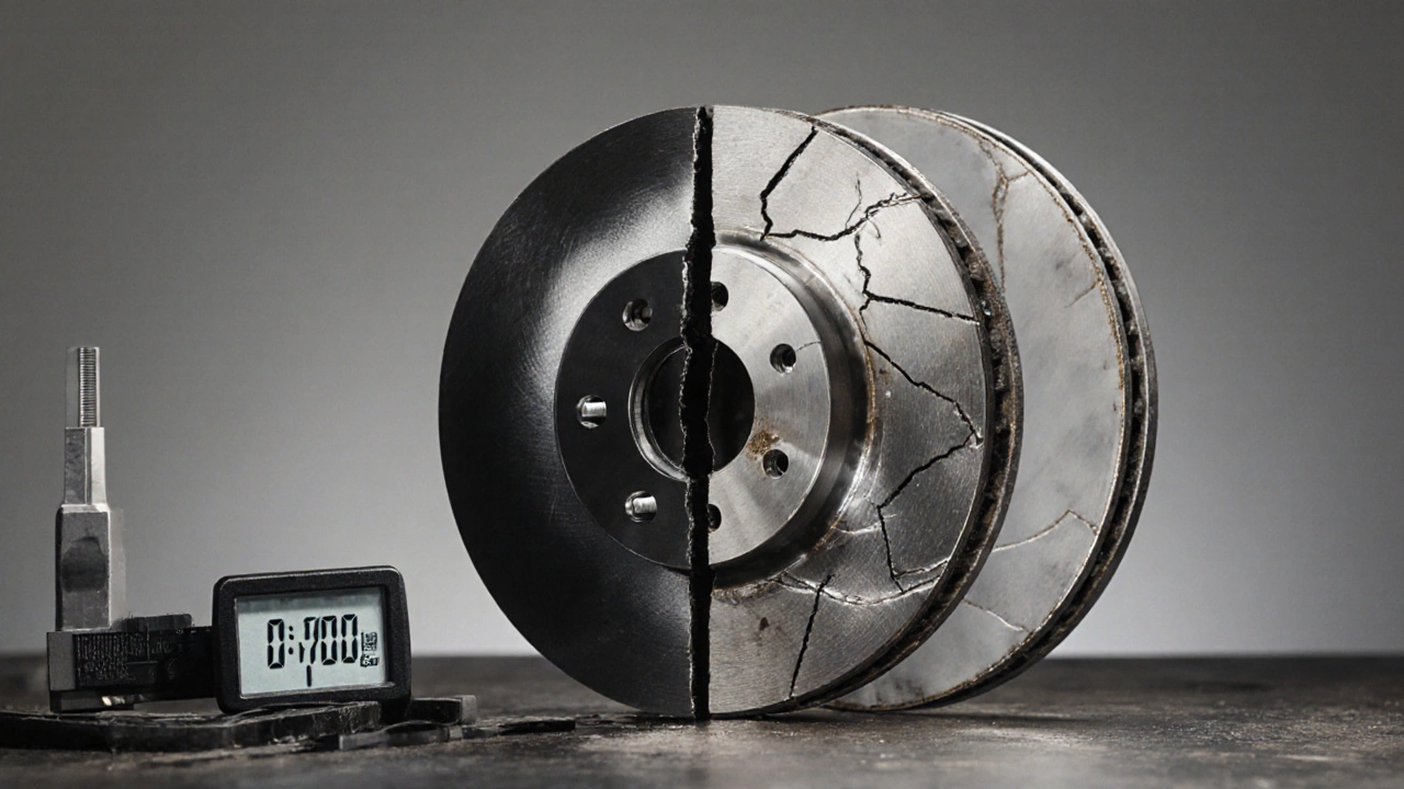 New and damaged brake rotors side by side on a mechanic&#039;s bench with measuring tools.