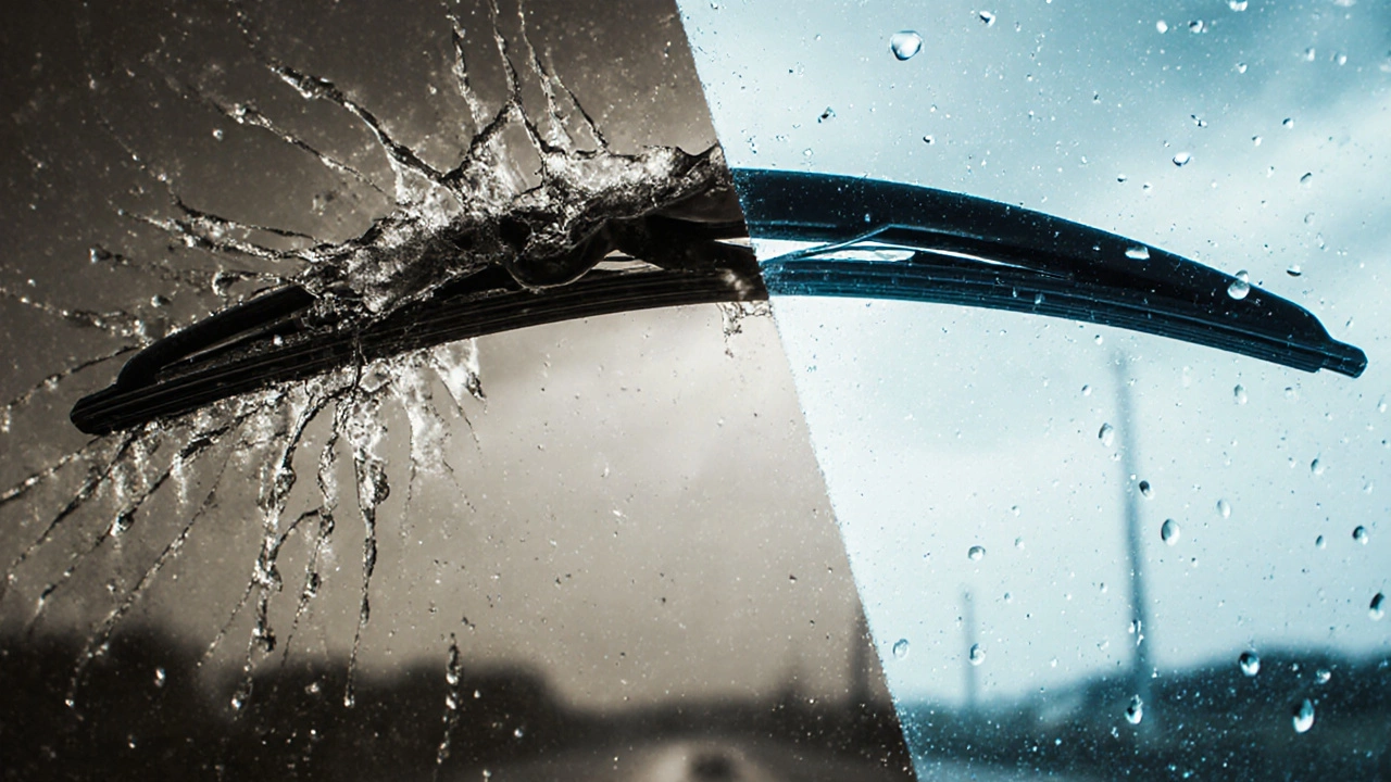 Side-by-side comparison of worn and new wiper blades with raindrops, symbolizing safety versus risk.