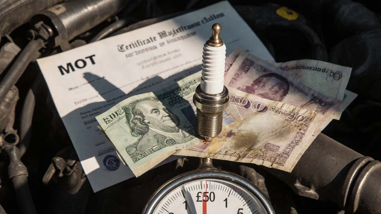 Spark plug weighed against repair costs symbolizing financial consequences of delay